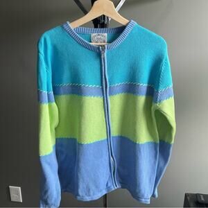 Stitches in Time Blue and Green Cardigan Sweater with Stitch detail Size Large